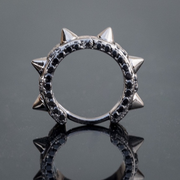 Black Onyx Plated Mini Thorn Spiked Men's Iced Cz Huggie Hoop Earrings - Picture 3 of 5